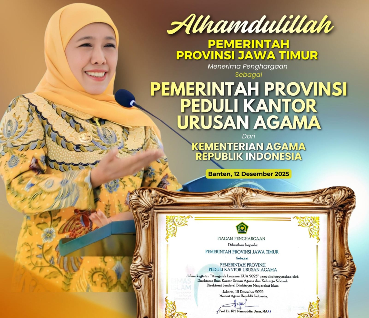 Raih Penghargaan Peduli KUA dari Menag, Gubernur Khofifah Dorong Penguatan Layanan Keluarga di Jatim