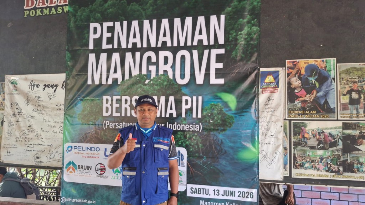Ardiansyah Humas TPS berpose jempol di depan banner Penanaman Mangrove Bersama PII TPS Pelindo Surabaya 13 Juni 2026 Mangrove Kalimiru Gresik Donasi Oksigen